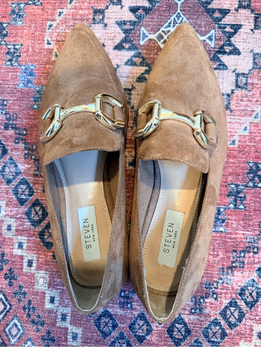 Steven By Steve Madden Tan Suede Pointed Toe Loafers with Gold Bit